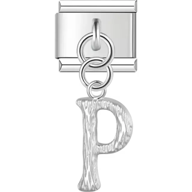 Dangling letter "P" with a textured finish Italian charm bracelet link