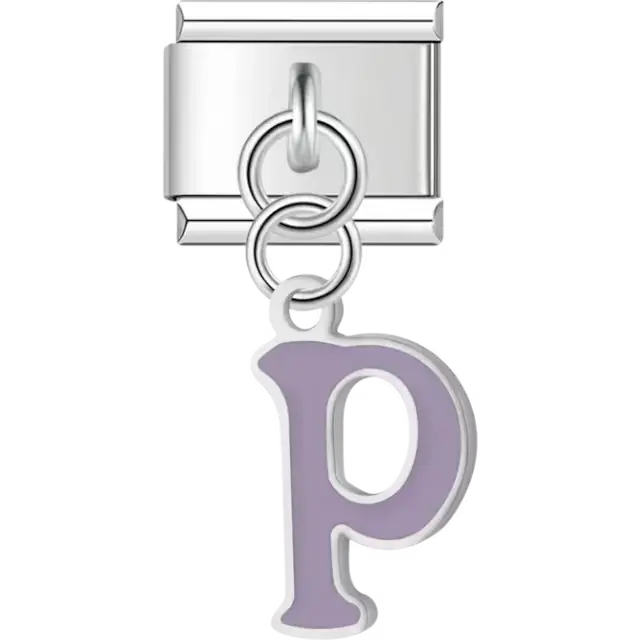 Dangling purple letter "P" Italian charm bracelet link