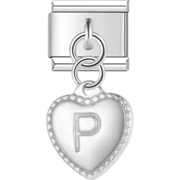Heart with dotted border and engraved letter "P" dangle Italian charm bracelet link