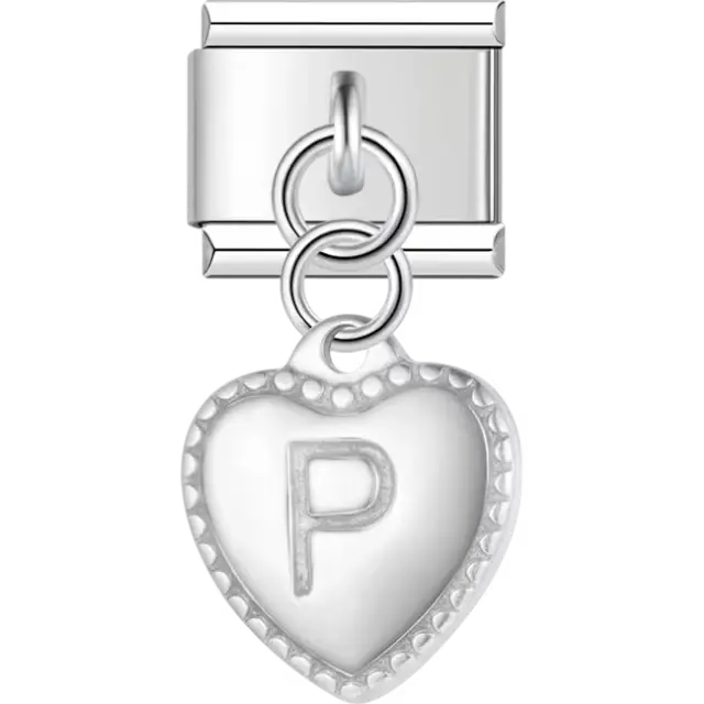 Heart with dotted border and engraved letter "P" dangle Italian charm bracelet link