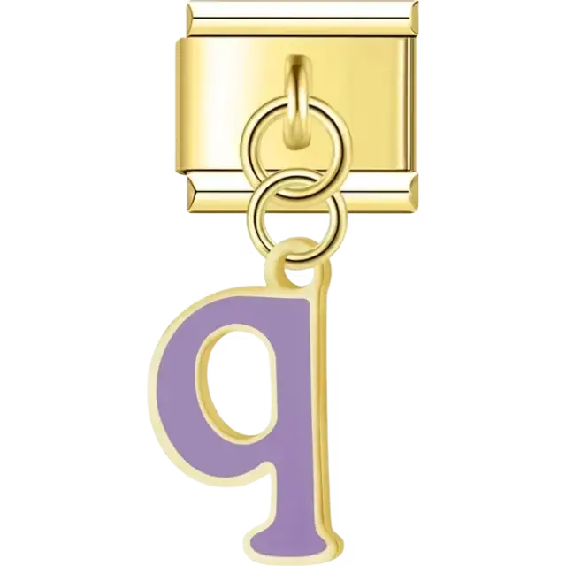Dangling purple letter "Q" Italian charm bracelet link