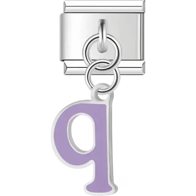 Dangling purple letter "Q" Italian charm bracelet link