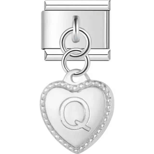 Heart with dotted border and engraved letter "Q" dangle Italian charm bracelet link