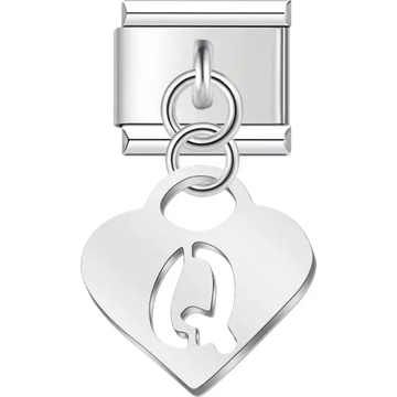 Dangling letter "Q" heart Italian charm bracelet link