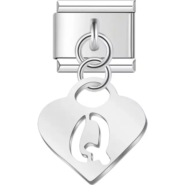 Dangling letter "Q" heart Italian charm bracelet link