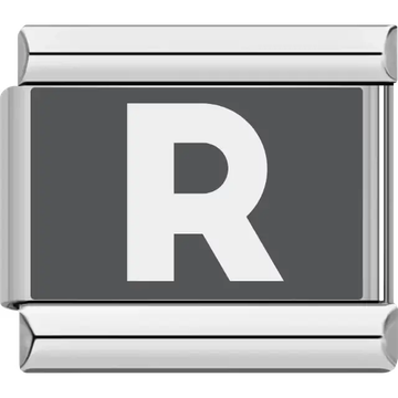 Gray background with white letter "R" Italian charm bracelet link