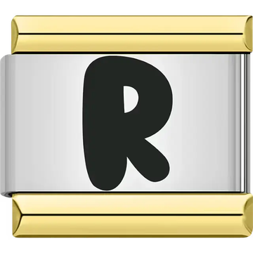 Black letter "R" gold border Italian charm bracelet link