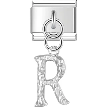 Dangling letter "R" with a textured finish Italian charm bracelet link