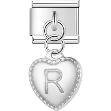 Heart with dotted border and engraved letter "R" dangle Italian charm bracelet link