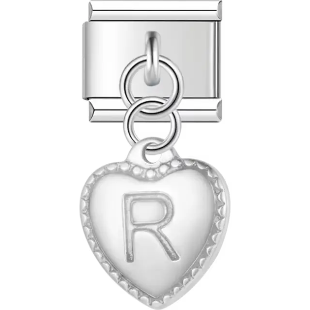 Heart with dotted border and engraved letter "R" dangle Italian charm bracelet link