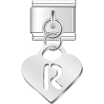 Dangling letter "R" heart Italian charm bracelet link