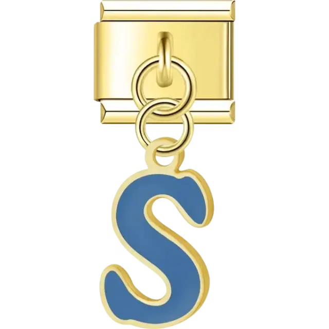 Dangling blue letter "S" Italian charm bracelet link