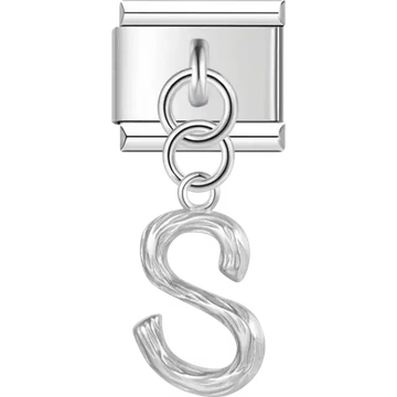 Dangling letter "S" with a textured finish Italian charm bracelet link
