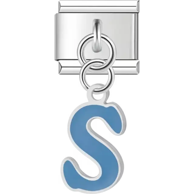 Dangling blue letter "S" Italian charm bracelet link