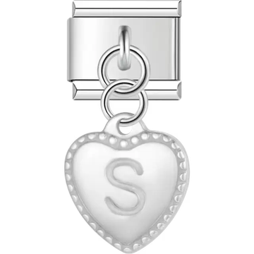 Heart with dotted border and engraved letter "S" dangle Italian charm bracelet link