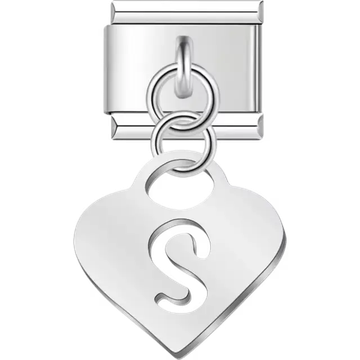 Dangling letter "S" heart Italian charm bracelet link