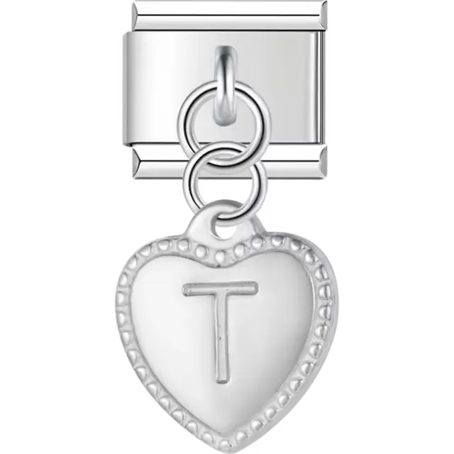 Heart with dotted border and engraved letter "T" dangle Italian charm bracelet link