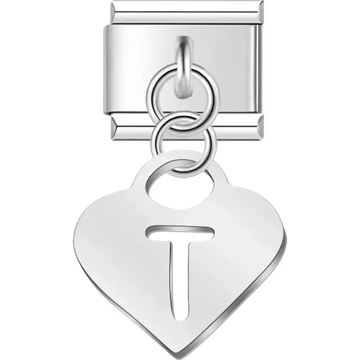 Dangling letter "T" heart Italian charm bracelet link