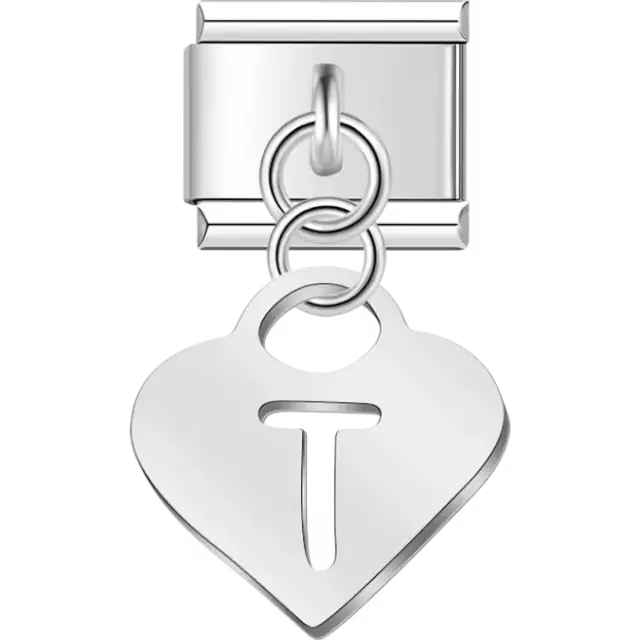 Dangling letter "T" heart Italian charm bracelet link