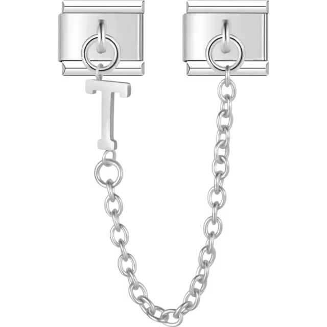 Safety chain with a dangling letter "T" Italian charm bracelet link