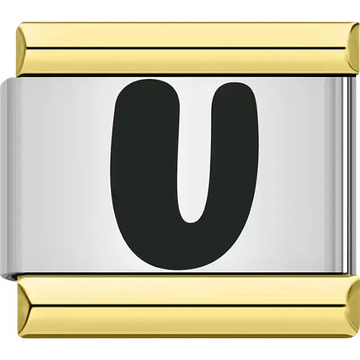 Black letter "U" gold border Italian charm bracelet link
