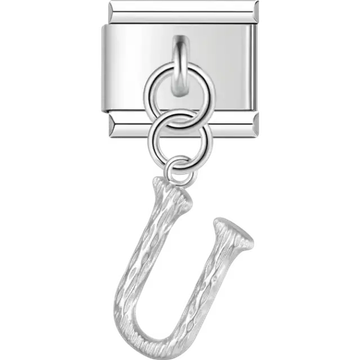 Dangling letter "U" with a textured finish Italian charm bracelet link