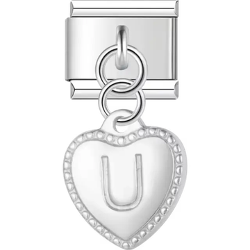 Heart with dotted border and engraved letter "U" dangle Italian charm bracelet link
