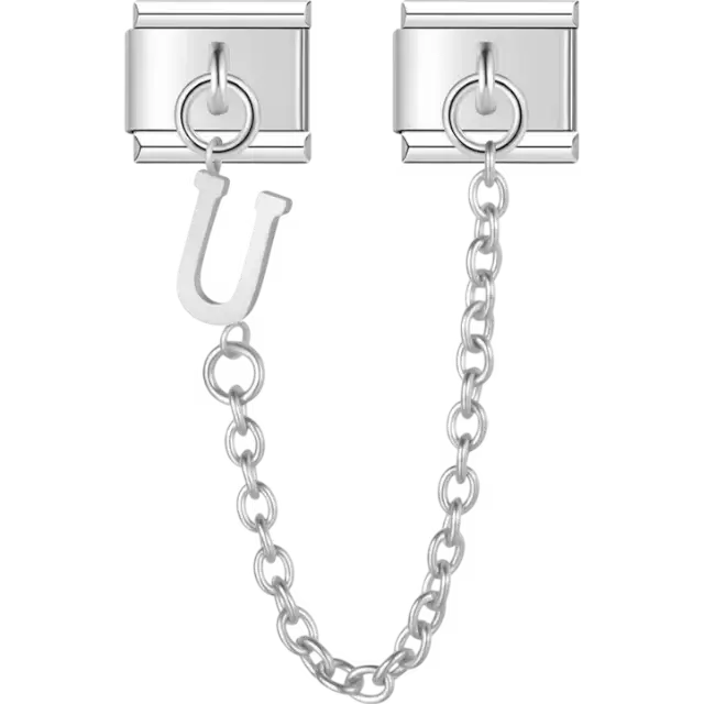 Safety chain with a dangling letter "U" Italian charm bracelet link