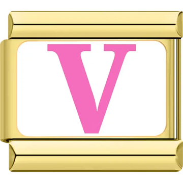 Pink letter "V" white background Italian charm bracelet link
