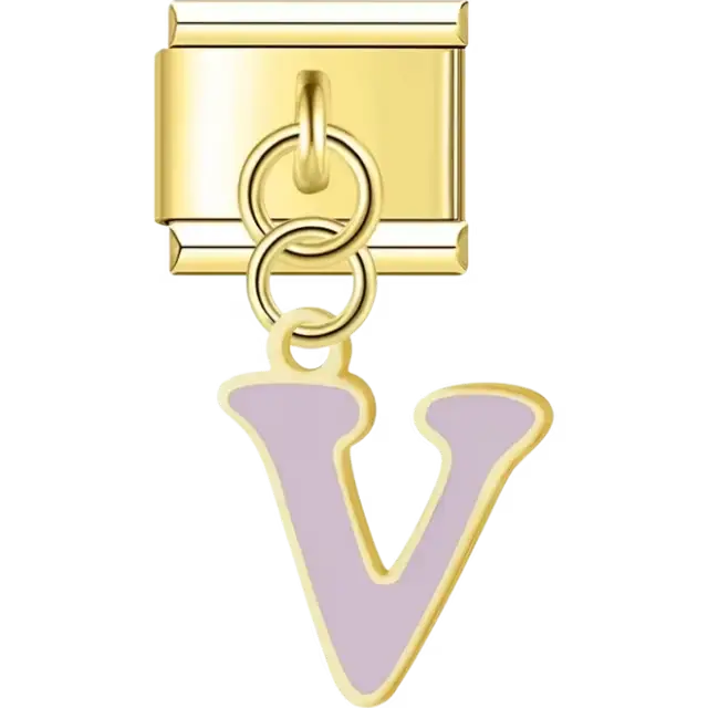 Dangling light purple letter "V" Italian charm bracelet link