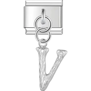 Dangling letter "V" with a textured finish Italian charm bracelet link