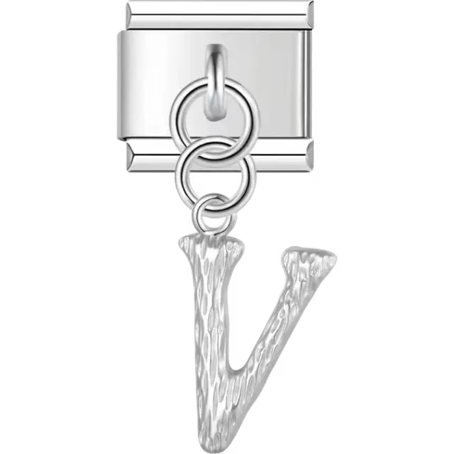 Dangling letter "V" with a textured finish Italian charm bracelet link