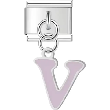 Dangling light purple letter "V" Italian charm bracelet link