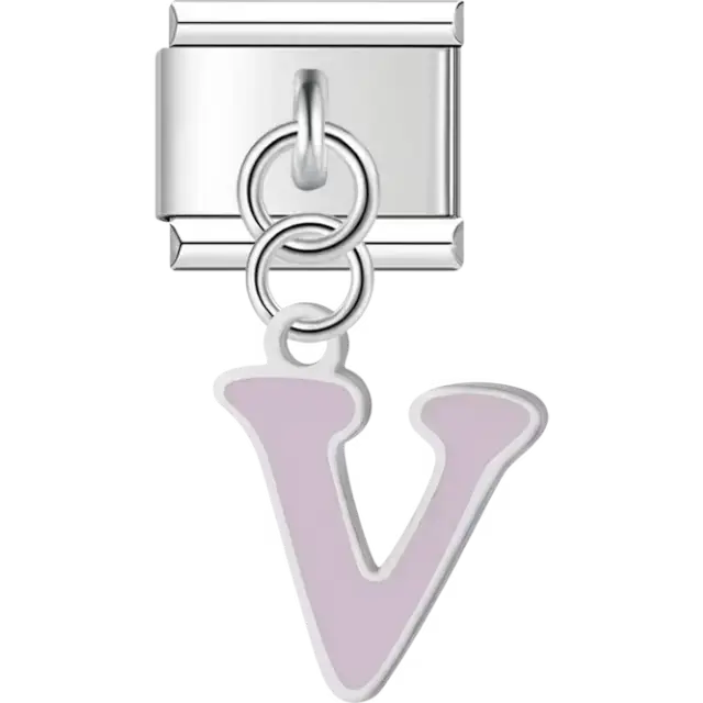 Dangling light purple letter "V" Italian charm bracelet link