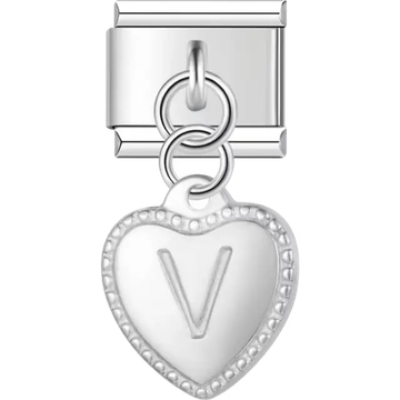 Heart with dotted border and engraved letter "V" dangle Italian charm bracelet link
