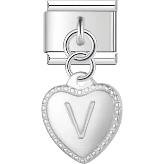 Heart with dotted border and engraved letter "V" dangle Italian charm bracelet link