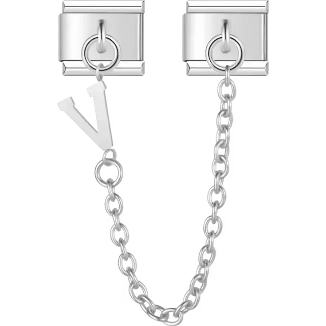 Safety chain with a dangling letter "V" Italian charm bracelet link
