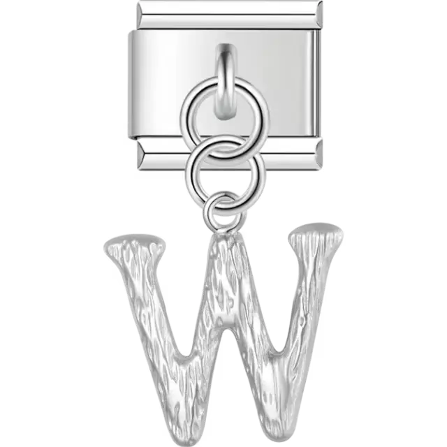 Dangling letter "W" with a textured finish Italian charm bracelet link