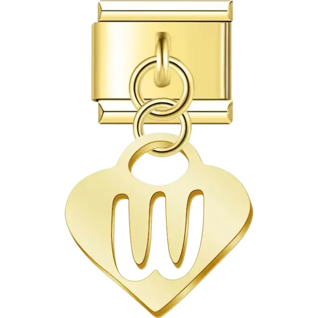 Dangling letter "W" heart Italian charm bracelet link