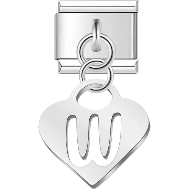 Dangling letter "W" heart Italian charm bracelet link
