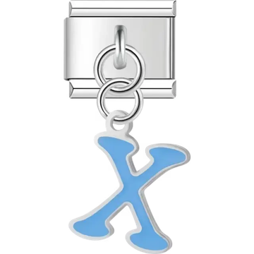 Dangling blue letter "X" Italian charm bracelet link