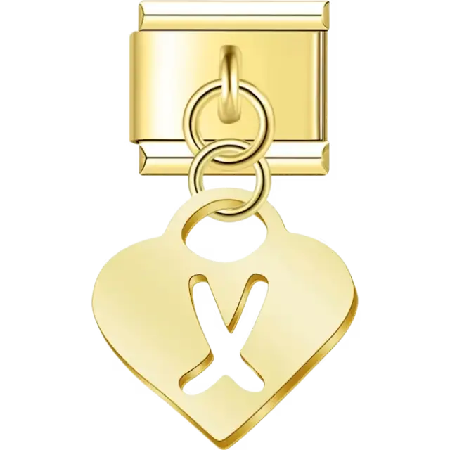 Dangling letter "X" heart Italian charm bracelet link