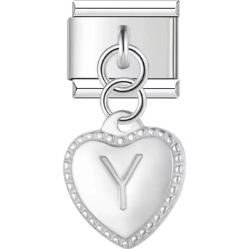 Heart with dotted border and engraved letter "Y" dangle Italian charm bracelet link