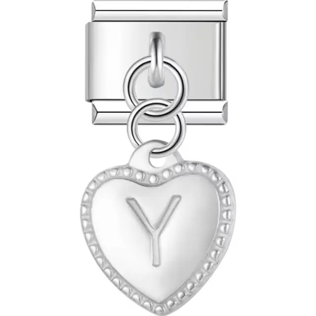 Heart with dotted border and engraved letter "Y" dangle Italian charm bracelet link