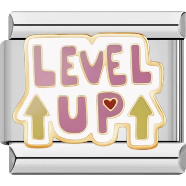 Purple "Level Up" text with green arrows and red heart design Italian charm bracelet link