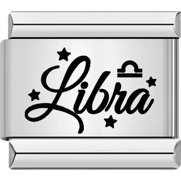 Black "Libra" text with Libra symbol and star accents Italian charm bracelet link