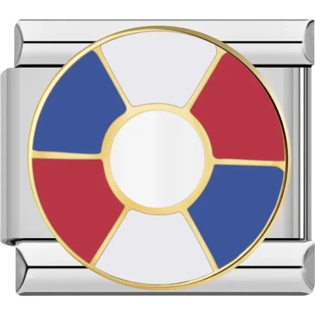 Round charm with red, white, and blue lifebuoy segments and gold outline Italian charm bracelet link
