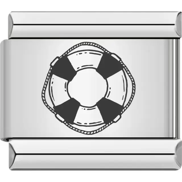 Black outline of a classic lifesaver ring with rope detail Italian charm bracelet link