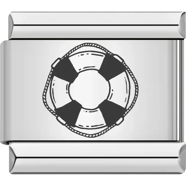 Black outline of a classic lifesaver ring with rope detail Italian charm bracelet link