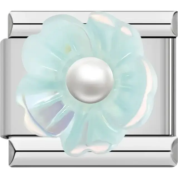 Light aqua iridescent flower with pearl center Italian charm bracelet link